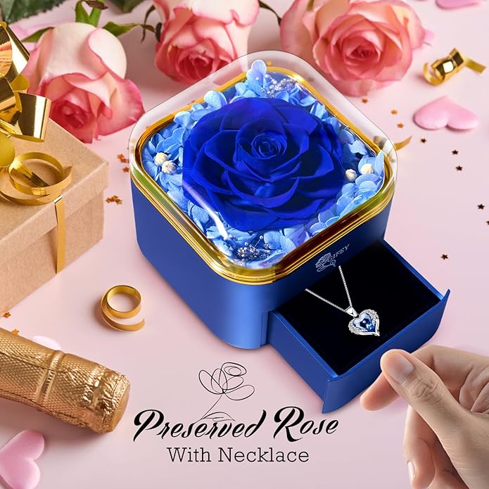 Valentines Day Gifts for Her - Preserved Real Blue Rose with Heart Necklace, Forever Flowers Gifts for Mom Grandma Wife Girlfriend at Christmas, Valentines, Mothers Day, Anniversary or Birthday Gifts for Women to Send Love