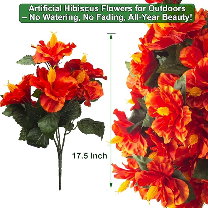 Grunyia Artificial Hibiscus Flowers 5 Bundles, UV Resistant Fake Tropical Flowers Realistic Silk Blooms for Outdoor Planter Garden Patio Porch Window Box Home Decor (Orange)