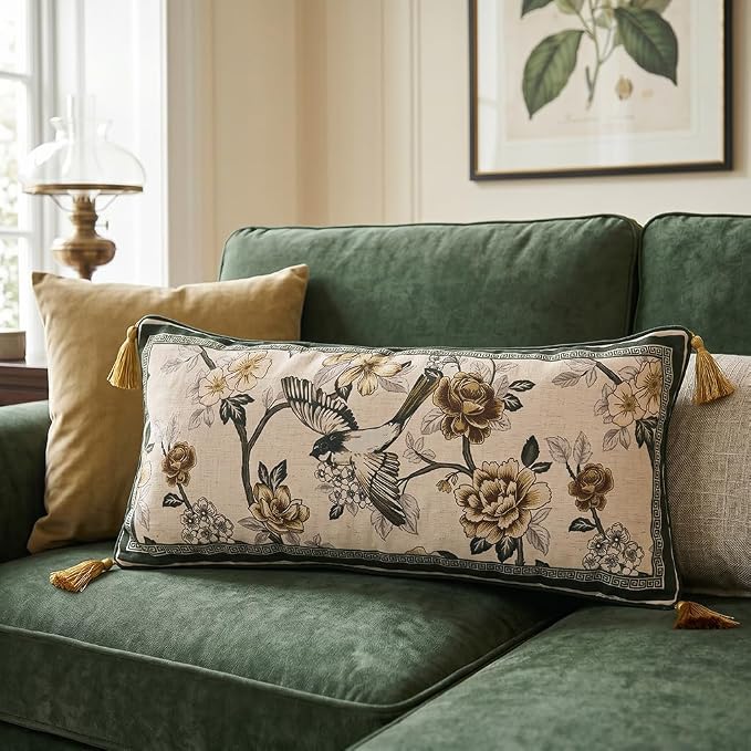 ISAENNE Vintage Elegant Linen Rectangle Throw Pillow Cover,28"x12"-Murad A | Designer French Decor Pillow Cover,Concealed Zipper Design,Floral and Bird Pattern,Sofa,Bedroom,Living Room,Lounge Chairs