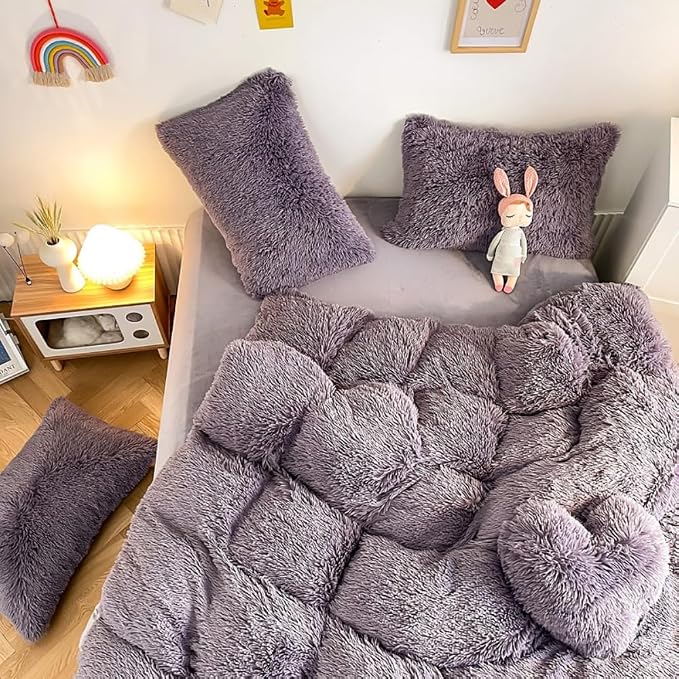 chovy Faux Fur Plush Purple Comforter Sets King - Ultra Soft Shaggy Flannel Velvet Fluffy Fuzzy 3PC Bedding Set (Comforter x 1 Pillowcases x 2)