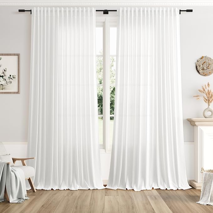 Off White Large Window Curtains Light Filtering Semi Sheer Privacy Linen Textured Curtain for Patio Sliding Glass Door Extra Wide Rustic Farmhouse Drapes for Living Room Bedroom Sunroom 100x90 Inch