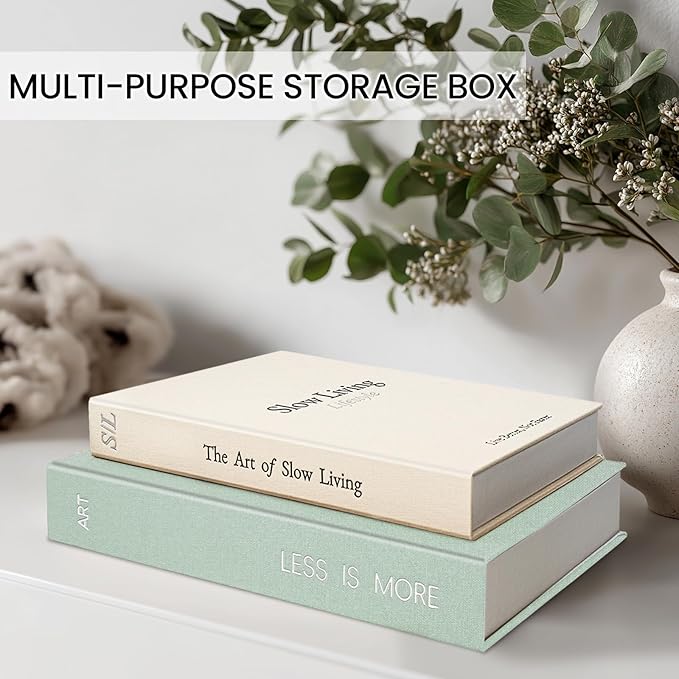 Minimalist Decorative Books - Fake Books Storage Box for Decoration - Set of 2 Linen Coffee Table Decor - Photo Storage Keepsake Box for Room Bookshelf Decor, Sage