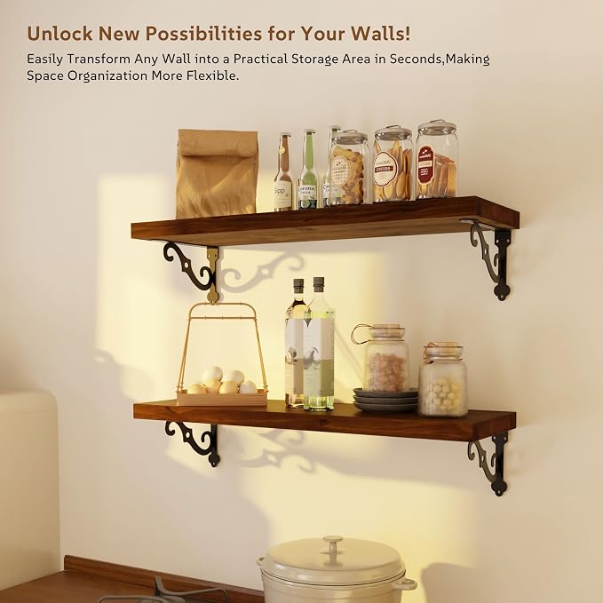 24 Inch 2 Tier Solid Wood Floating Shelves for Wall with Metal Brackets | 24 inch solid pine shelves, 2 tier, walnut finish, metal brackets for books, decor and home storage