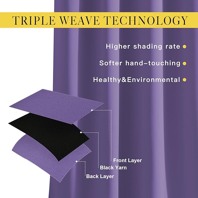 NICETOWN Bedroom Blackout Curtains Panels - Triple Weave Energy Saving Thermal Insulated Solid Grommet Blackout Draperies for Patio (80 inches by 108 Inch, Lilac Purple, Set of 2)