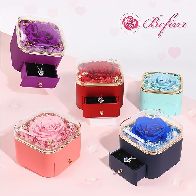 Beferr Gifts for Mom Preserved Real Blue Rose with Necklace Eternal Roses Forever Flowers for Delivery Christmas Anniversary Birthday Mothers Day Flower for Women Her Grandma Wife Daughter Girlfriend