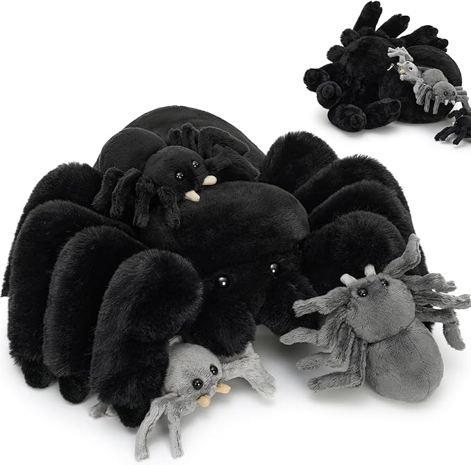 MorisMos 4Pcs Large Spider Plush, 16 Inch Mommy Spider Stuffed Animals with 3 Baby, Soft Cuddly Pillow Plush Gifts for Kids Boys Girls, Black