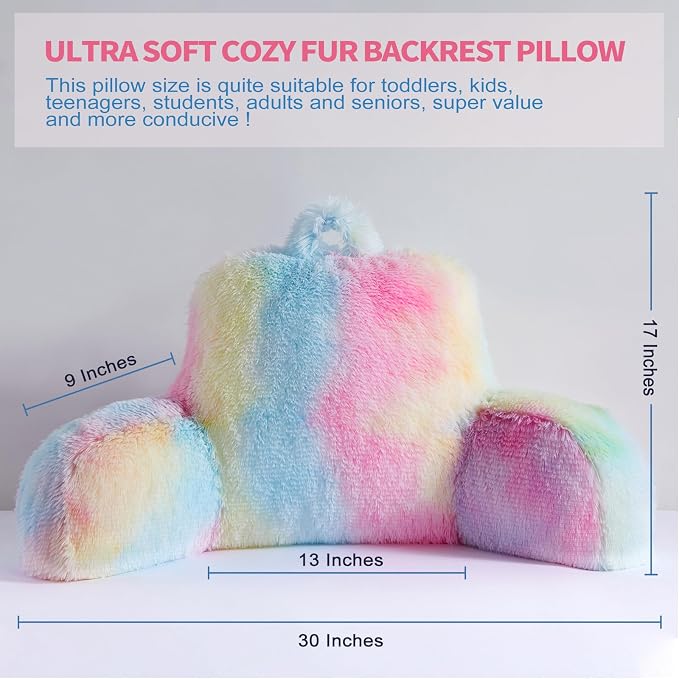 Reading Pillow for Bed - Faux Fur Backrest Pillow with Arms, Reading & Bed Rest Pillows Rainbow Colors, Fluffy Sit Up Pillow, Study Pillow for Kid, Tween, Teens & Adult Girls