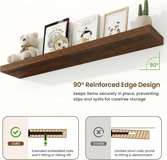 Marsmiles 55in Floating Shelves for Wall, 55" W x 9.25" D x 1.5" H, Long Wall Mounted Engineered Wood Shelves with Invisible Brackets for Living Room, Bedroom, Bathroom, Kitchen, Walnut, 2Pcs