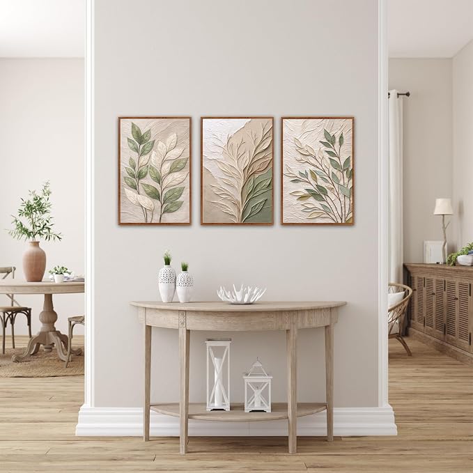 CHDITB 3D Neutral Foliage Impasto Textured Leaf Framed Canvas Wall Art Set, Sage Green Boho Botanical Rustic Country Wall Decor, Earth Tone Plant Art Prints for Living Room Bedroom Farmhouse 16"x24"x3