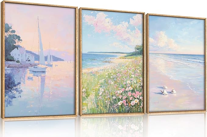 Aryroi Pink Beach Dreamy Coastal Framed Canvas Wall Art Set,Watercolor Colorful Floral Sailboat Seascape Wall Decor,Soft Preppy Pastel Wildflower Artwork for Living Room,Farmhouse- 24"x36"x3
