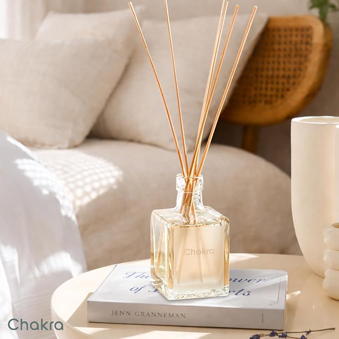Chakra Reed Diffuser Set - Reed Diffusers for Home, Office and Living Spaces with Long-Lasting Fragrance, Scent Diffuser with Decorative Glass Bottle & Bamboo Sticks, 3.3 fl oz, Soft Linen