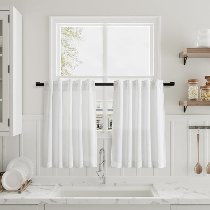 Off White Tier Curtains for Kitchen Windows 24 Inch length Back Tab Linen Small Cafe Curtain Half Window Country Rustic Farmhouse Semi Sheer White Short Drape for Basement RV Laundry Camper 30x24