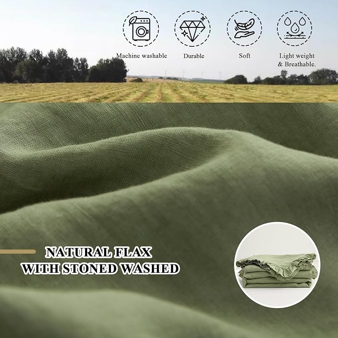 Simple&Opulence 100% Linen Duvet Cover Set, Natural French Flax Sage Green Ruffle Duvet Cover Twin Size, Breathable Comfy Linen Bedding Comforter Cover with 1 Pillowcase (Sage Green, 68" x 86")