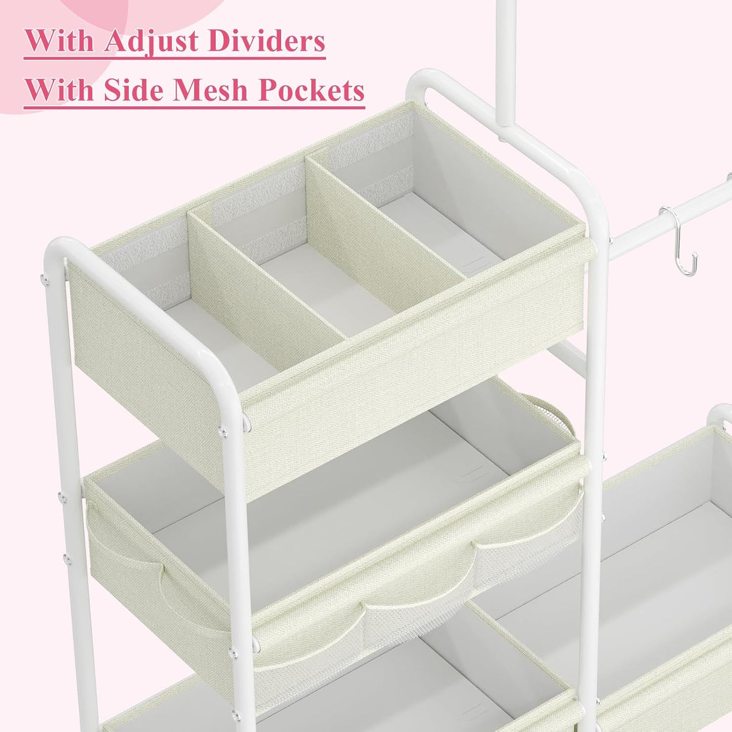 2in1 Baby Diaper Caddy & Clothes Organizer and Storage Rolling Cart, Large Capacity Nursery Organization For Baby Dresser,Changing Table, Crib, With 2 Dividers & 7 Pockets,White