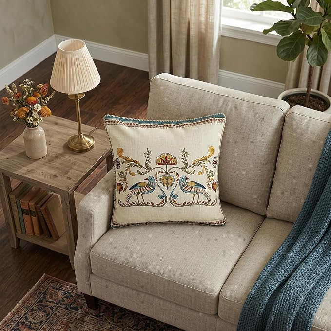 patdrea Vintage Linen Throw Pillow Cover,18"x18",Set of 2-Wensel C | RusticDecorative Pillow Case,Bird and Floral Pattern,Cushion Coverfor Couch Living Room Bedroom Sofa
