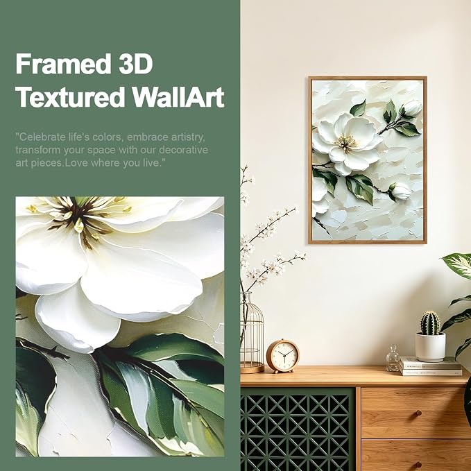 CHDITB 3D Impasto Textured White Magnolia Floral Relief Framed Canvas Wall Art Set, Neutral Beige Minimalist Wall Decor, Modern Texture Art Prints for Living Room Hallway Bedroom Home Decor 16"x24"x3