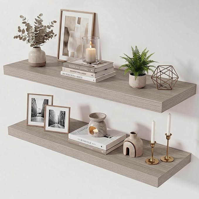 Acovy 36 Inch Floating Shelves for Wall Set of 2,12" Deep Floating Shelf Wall Mounted with Invisible Brackets,Rustic Bookshelf Wooden Storage Shelf for Living Room,Kitchen,Bathroom,Grey