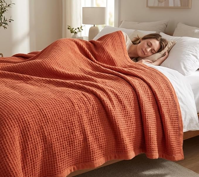 TreeWool Premium 100% Cotton Waffle Queen Blanket (90"x90", Rust) | Breathable Lightweight Moisture Wicking Soft Knit Thermal Blanket for Summer, Bed or Sofa All-season Comfort Machine Washable