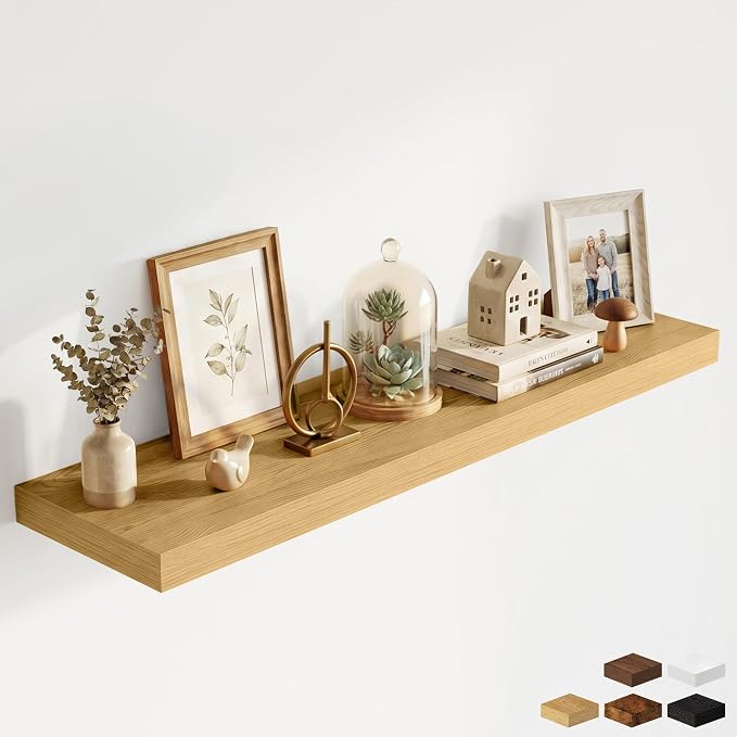 Fun Memories 48 Inch Floating Shelves for Wall - 12 Inch Deep Fireplace Mantel Shelf - Wood Floating Shelf for Wall - Large Storage Shelves Wall Mount for Living Room & Bedroom - Oak - Set of 1