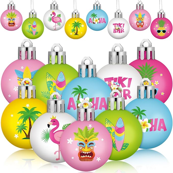 HyDren 40 Pcs Mini Summer Tree Ornaments Tropical Luau Ornaments 1.2 Inch Tiki Bar Mini Tree Decorations Pastel Flamingo Surboard Pineapple Palm Beach Tropical Ball Decorations for Holiday Party