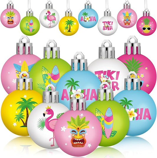 HyDren 40 Pcs Mini Summer Tree Ornaments Tropical Luau Ornaments 1.2 Inch Tiki Bar Mini Tree Decorations Pastel Flamingo Surboard Pineapple Palm Beach Tropical Ball Decorations for Holiday Party