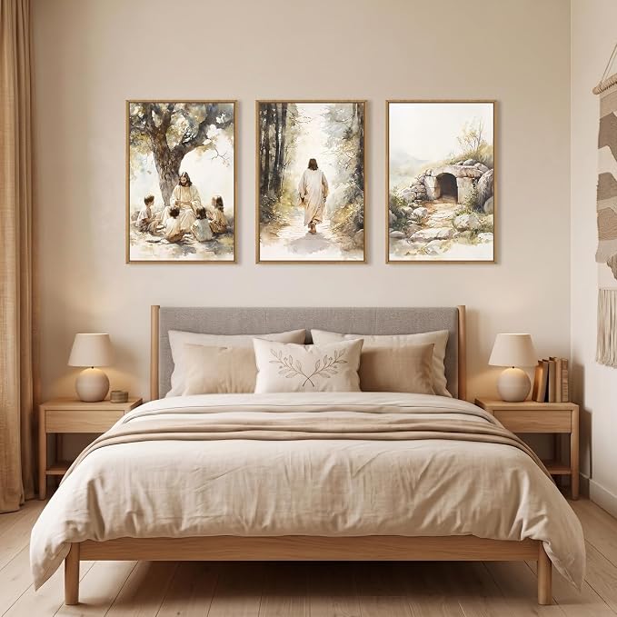 Large Jesus Teaching Children on Path Framed Canvas Wall Art,Empty Tomb Christian Wall Decor,Spiritual Religious Bible Artwork for Living Room,Bedroom,Dining Room,Office-16 x24 x3