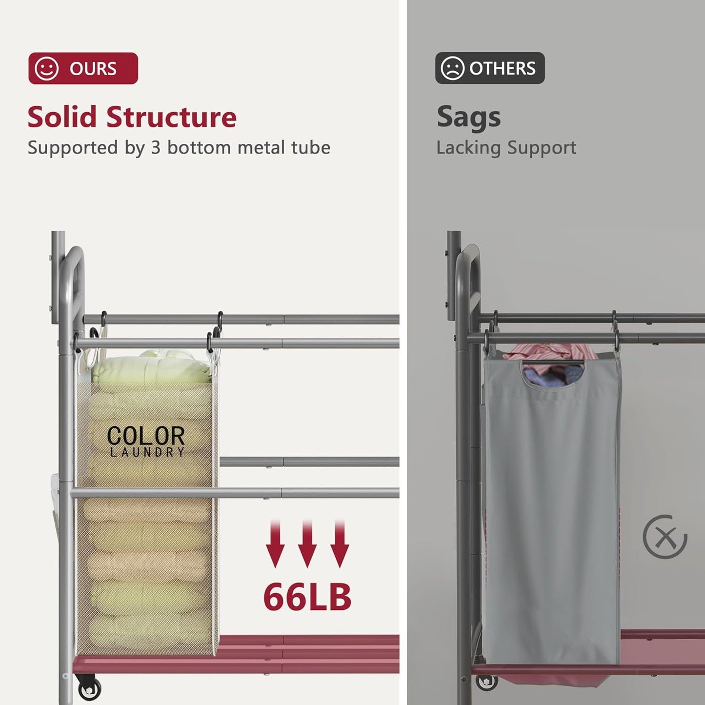 Tajsoon Laundry Hamper with Hanging Rack, 3 Section Laundry Sorter with Heavy Duty Lockable Wheels, Laundry Basket Organizer for Dirty Clothes Storage, 3 Beige