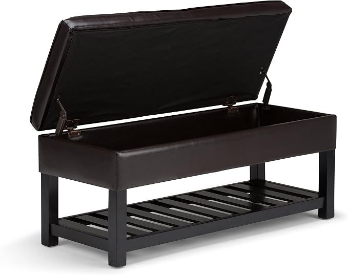SIMPLIHOME Cosmopolitan Storage Ottoman Bench - 44 inch Wide Upholstered Vegan Leather Rectangle Storage Ottoman in Tanners Brown, Transitional Bench for Bedroom with Tufted Lift-Top and Open Shelf