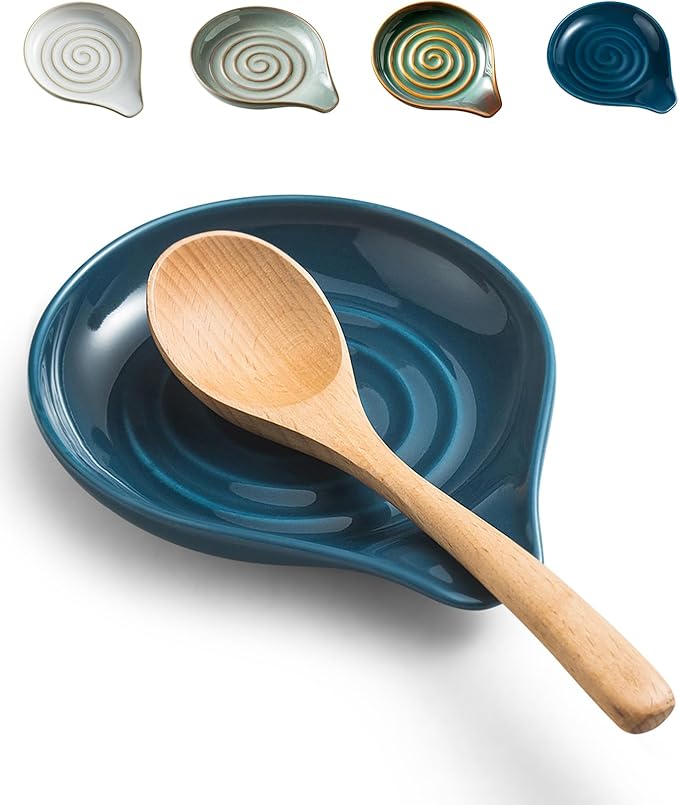LAUCHUH Spoon Rest, Ceramic Spoon Holder for Stove Top Ladle Holder for Kitchen Countertop Cooking Utensil Rest for Spatula, Tongs, Heat-Resistant Framhouse Decor for Mother's Day, Blue, 5 Inches