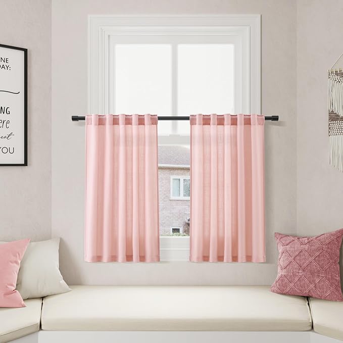 Pink Linen Cafe Kitchen Curtains 24 Inch Length Linen Blend Light Filtering Short Tier Curtain Vintage Rod Pocket Back Tab Design for Small Windows Cafe Girl Bathroom Laundry Room 2 Panels 36Wx24L