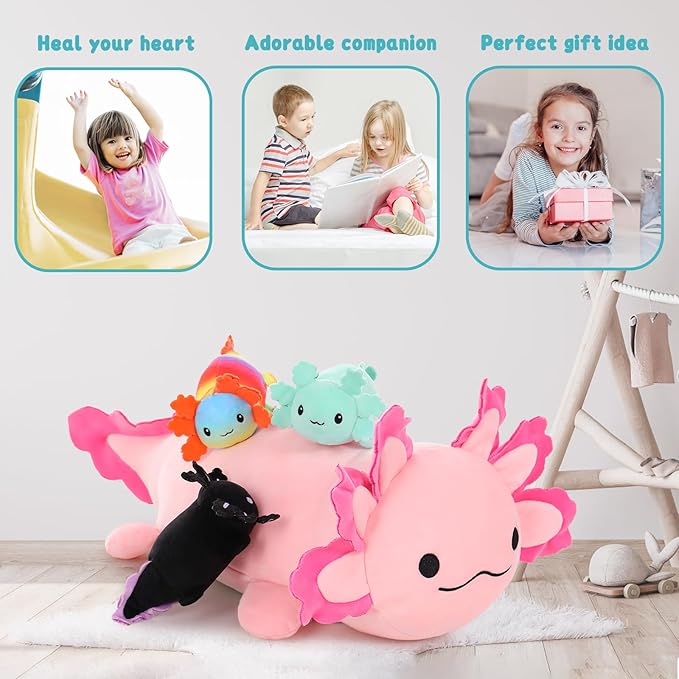 MaoGoLan Giant Axolotl Plush with 3 Babies Inside-23.5" Large Ultra Soft Stuffed Animals Throw Pillow-Squishy Plush Collection Gift for Axolotl Lover,Kids,Teens