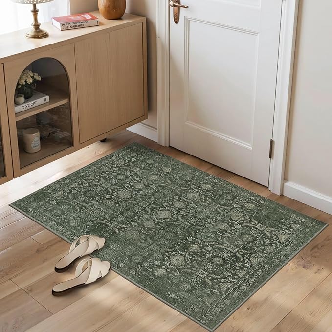 Rugxara Entryway Rug Door Mat, Washable Samll 2x3 Rug, Green Boho Front Door Mat, Non Slip Area Rugs, Low Pile Throw Accent Entry Carpet for Indoor Entrance, Bathroom and Kitchen(Green 2x3ft)