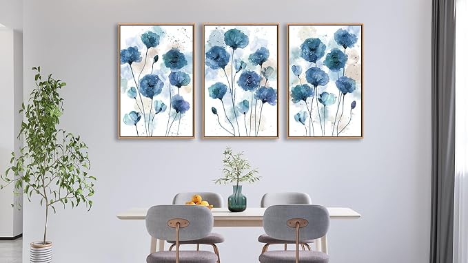 Large Flowers Wall Art for Living Room Natural Wood Float Framed Art Set of 3 Blue Floral Canvas Pictures Abstract Artwork Blossom Canvas Prints for Bedroom Kitchen Home Office Wall Decor 24"X36"X3