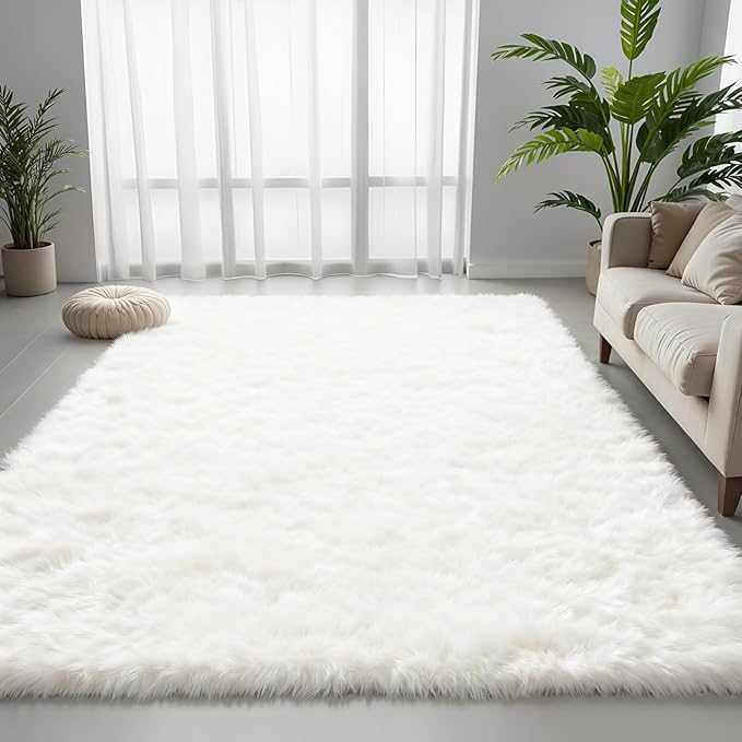 5x7 Area Rug for Living Room, Ultra Soft Fluffy Shag Rugs for Bedroom, Non-Slip Large Fuzzy Plush Rug Indoor Floor Carpet for Nursery Kids Office Dorm Modern Decor, White