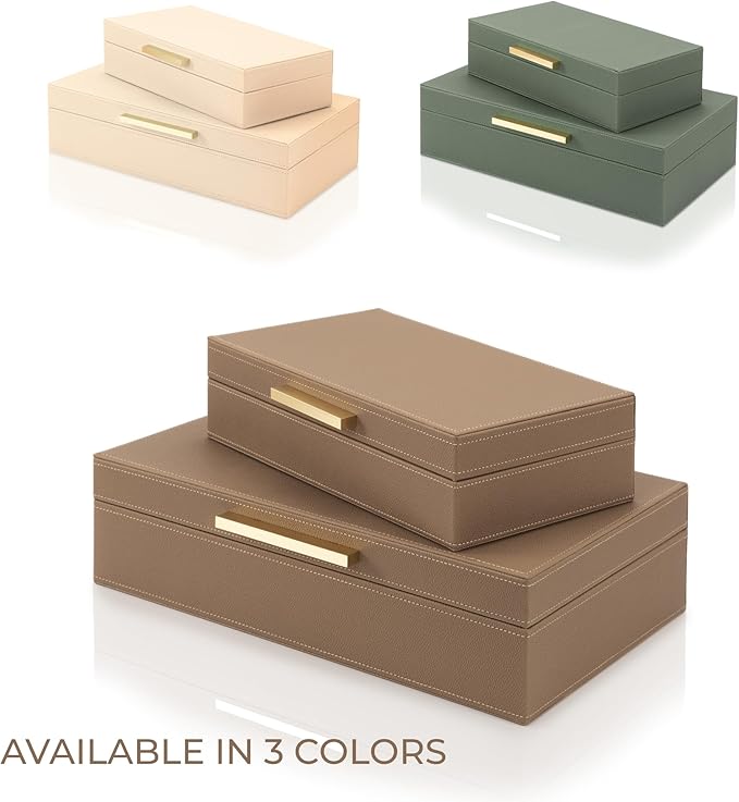 ZICOTO Decorative Storage Boxes with Lids – Set of 2 Beautiful PU Leather Organizer Bins for Your Bookshelf Home Decor - Safely Store Photos, Documents and Memory Box Keepsakes in Style