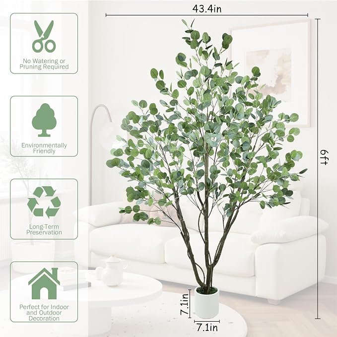 Caxchiling Large Artificial Eucalyptus Tree 6FT, Indoor Outdoor Faux Tree | Natural Trunk with White Planter for Home Office Living Room Front Door Decor