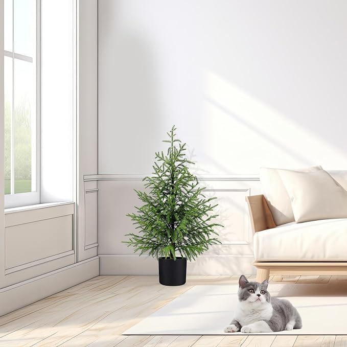 ENVEN Outdoor Artificial Topiary Cedar Tree Real Touch Faux Pine Evergreen Shrub Plant UV Resistant Greenery Tree with Pot Realistic Cypress Front Porch Decor (3FT-1Pack Nofolk Pine)