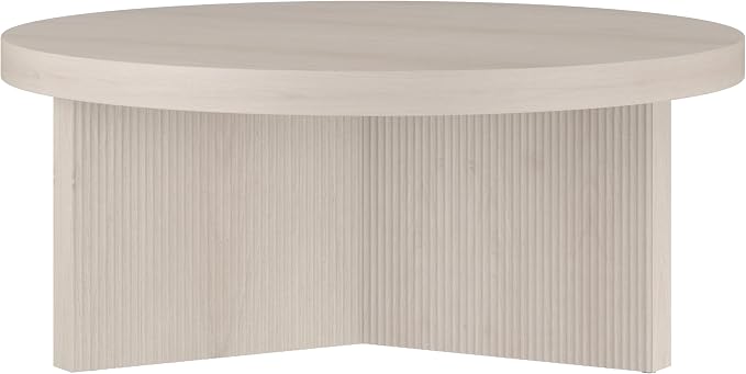Henn&Hart 36" Fluted Round Low-Profile Coffee Table with Ribbed Pedestal Base for Living Room, Family Room, or Office, Beech White