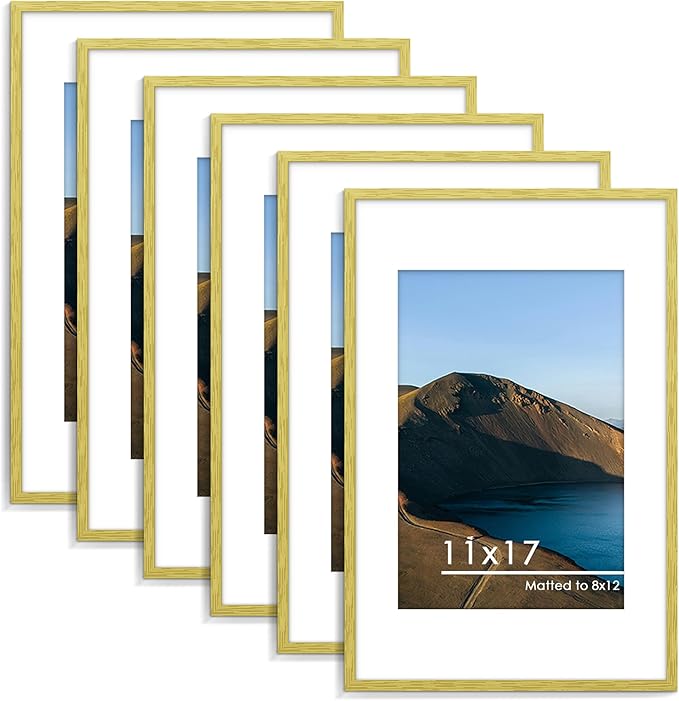 PEALSN 11x17 Picture Frame Set of 6, Display Pictures 8x12 with Mat or 11 x 17 without Mat for Wall Mounting Display, Photo Frames Collage for Wall Decor, Gold