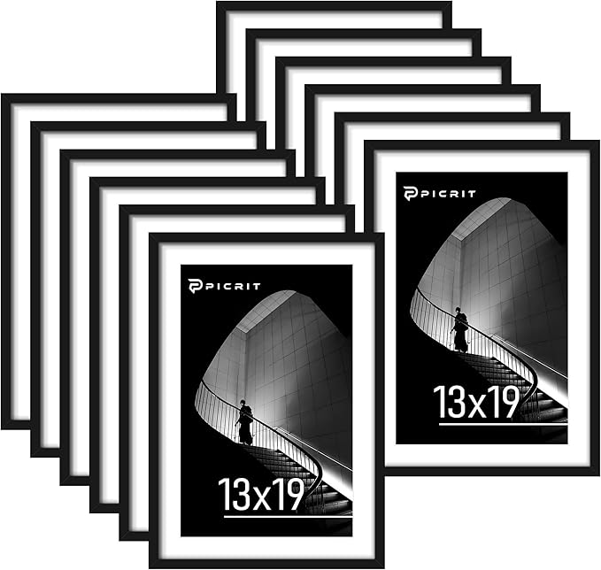 Picrit 13x19 Poster Frame Set of 12, Display Pictures 11 x 17 with Mat or 13 x 19 without Mat, Black Wall Gallery Photo Frames Display for Home Decor