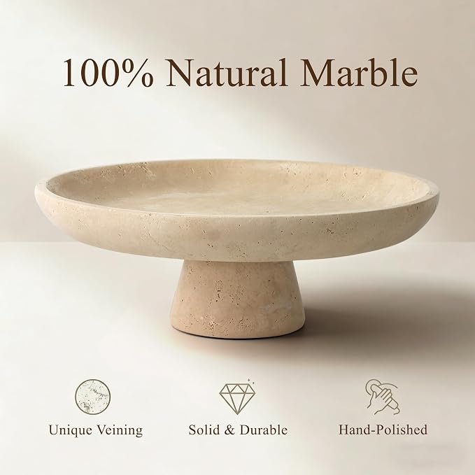 YMXYJM,Natural Travertine Fruit Bowl, Marble Pedestal Bowl, Beige | Natural marble pedestal bowl for fruit, keys, and decor on kitchen counters, dining tables, living rooms, or entryways