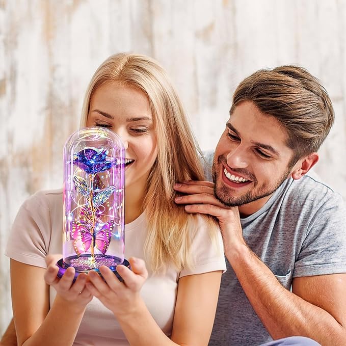 Mothers Day Mom Gifts for Mom Women Birthday Gift Galaxy Glass Rose in Glass Dome Forever Eternal Crystal Flowers with Butterfly Mother's Day Flower Gifts for Women Wife Grandma Daughter Sister Purple