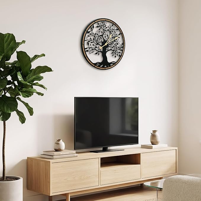 Micasso Farmhouse Large Wall Clock: 24 Inch Rustic Tree of Life Metal with Wood Frame - Battery Operated Wall Clocks for Living Room/Office/Bedroom - Home Decor for Fashion-Conscious