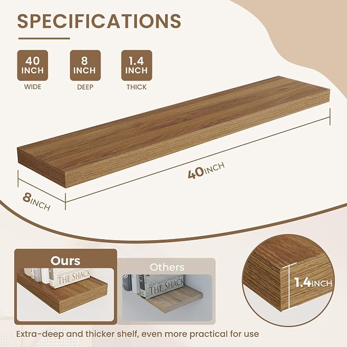 Dreamland Deep Floating Shelves, 8" Deep Long Shelves Set of 2, 40 Inches Floating Shelf for Wall,Large Display & Storage Shelf for Bathroom Bedroom Living Room Kitchen Office, Walnut