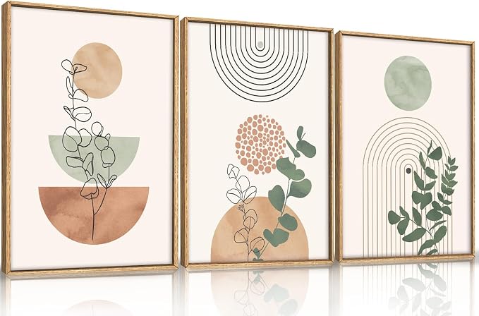 Ausril Boho Terracotta Green Framed Canvas Wall Art Set, Abstract Bohemian Wall Decor, Mid Century Modern Geometric Wall Painting, Neutral Botanical Art Print Living Room, Bedroom, Office 16"x24"x3
