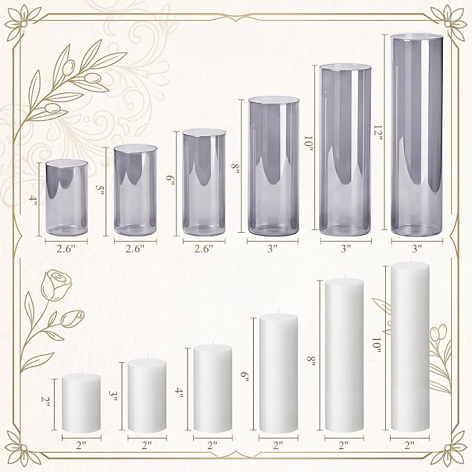 Shihanee Set of 6 Pillar Candles and Glass Cylinder Vases Assorted Sizes Cylinder Holders for Pillar Candles Home Table Centerpieces Wedding Party Decorations (White,Smoky Black)