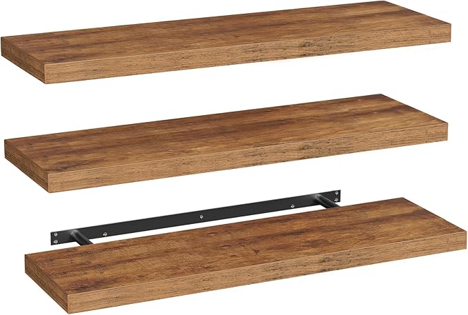 RALGEND Floating Shelves for Wall, 39.4" Long Wall Shelf Set of 3 with Invisible Bracket, 1.5" Thick Hanging Shelves Farmhouse Home Decor for Bathroom, Living Room, Bedroom Rustic Brown 10301BJP3BF