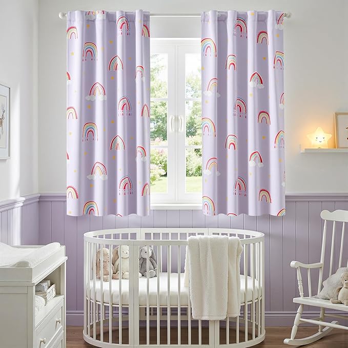 Vangao Blackout Curtains for Kids Bedroom Rainbow Purple Nursery Curtains 63 Inch Length Short Drapes for Teen Girls Thermal Insulated Room Darkening Light Blocking for Living Room Set of 2