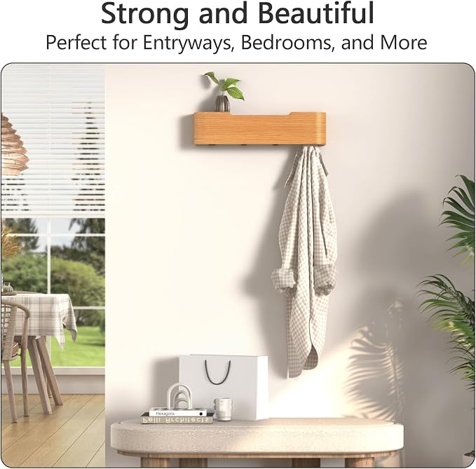 Coat Rack Wall Mount with Hidden Hooks Modern Key Holder Wood Entryway Hook with Shelf for Bedroom Kitchen Hallway Bathroom Designed for Hanging Coats Hats Bags Towels Dog Leashe(Oak,4 Hooks)