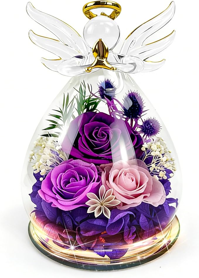 Purple Rose Gifts for Mom Birthday Gifts for Women | Forever Rose in Glass Fresh Flowers for Delivery | Preserved Rose Angel Figurine Mother’s Day for Mom Grandma from Daughter Birthday Gifts